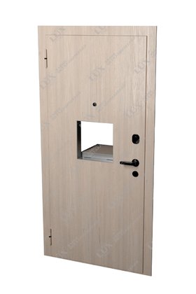 стальная кассовая дверь с окошком (открывание внутрь), отделка ламинат